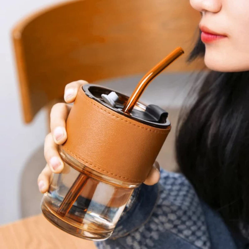 Premium Amber Glass Coffee Tumbler – Travel Mug with Leather Heat Sleeve, Glass Straw (400ml)