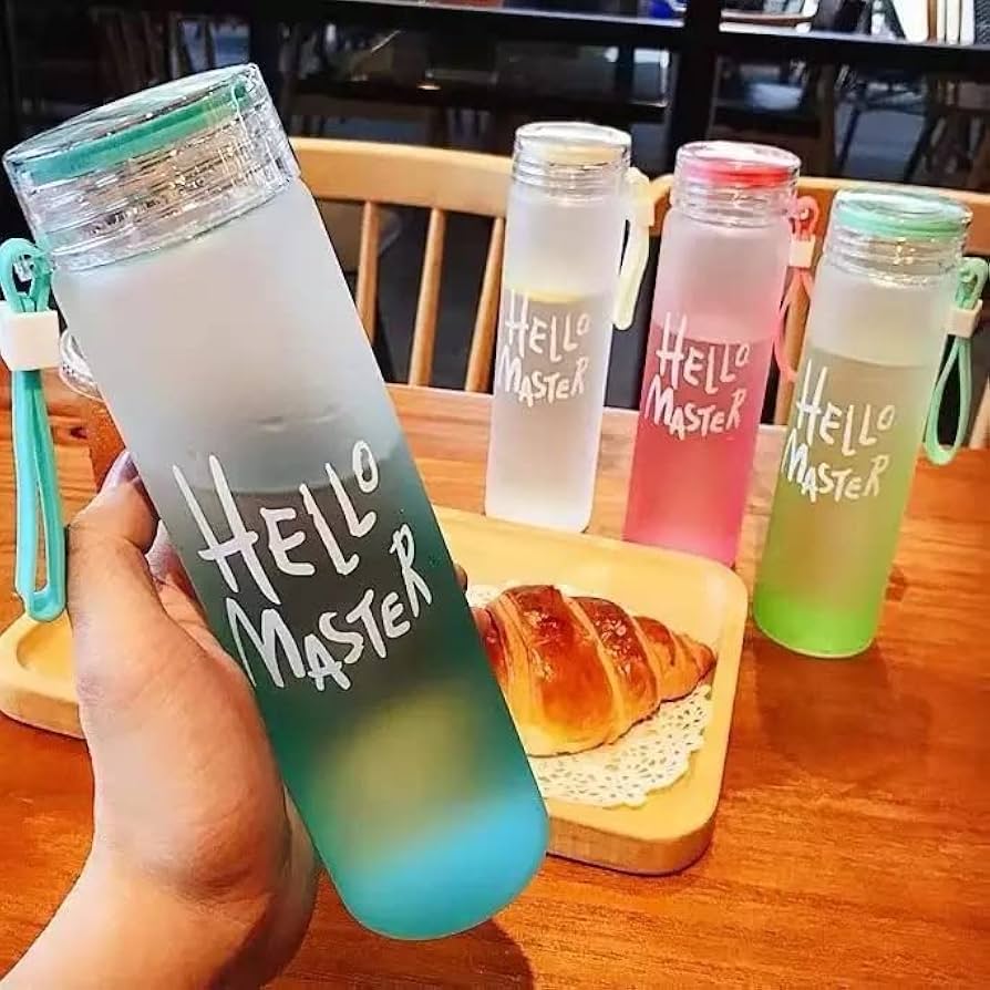 Frosted Glass Water Bottle With Hello Master Decal Logo - 400ml (Random color)