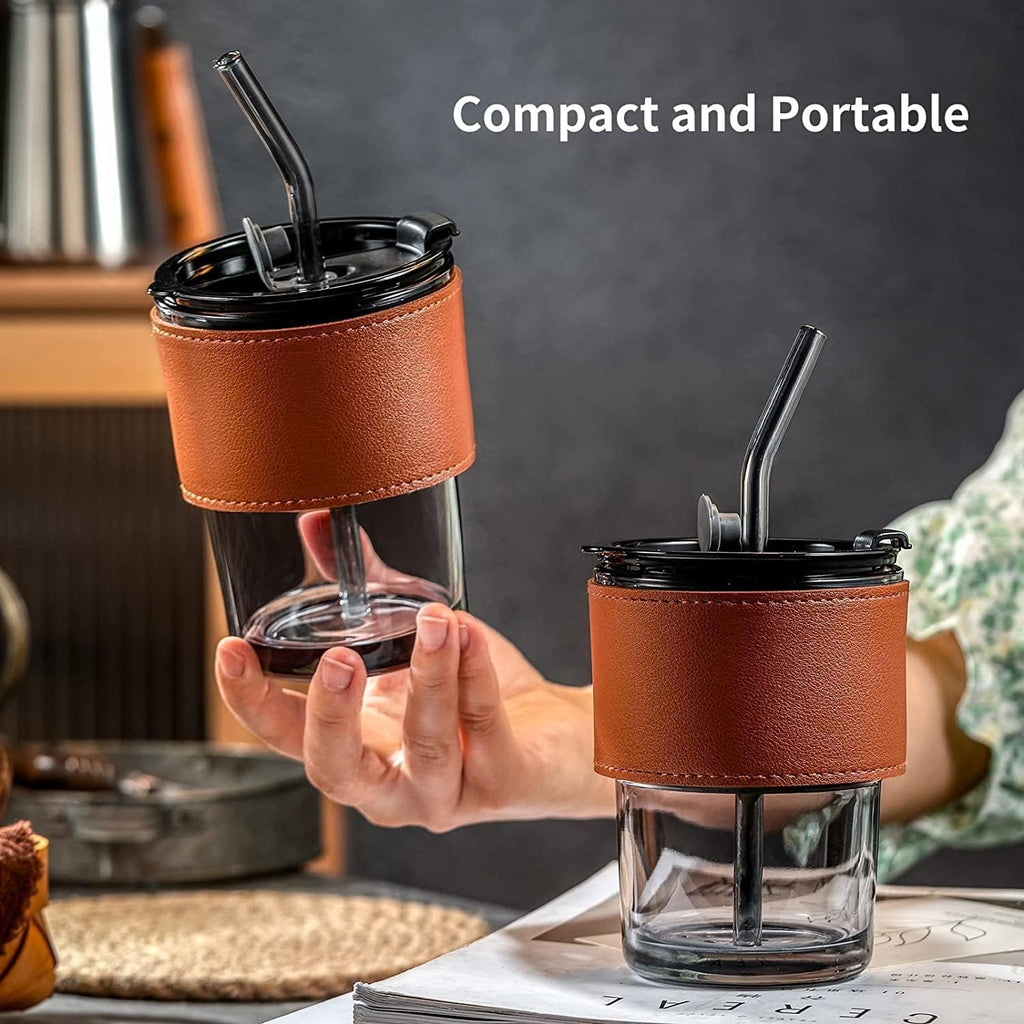 Premium Amber Glass Coffee Tumbler – Travel Mug with Leather Heat Sleeve, Glass Straw (400ml)