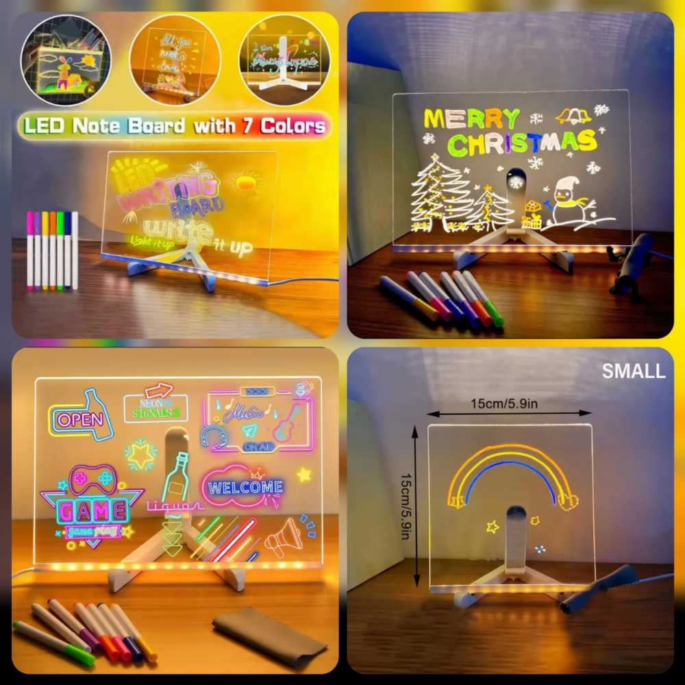 Transparent Acrylic LED Dry Erase Message Board 20x20cm White Stand With Glowing Display